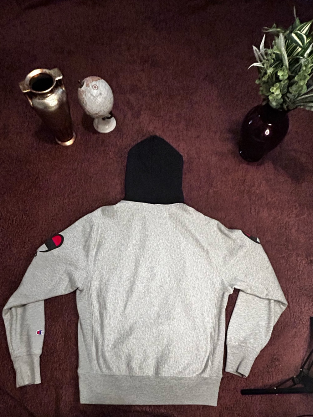 Champion Gray Pullover Hoodie with Black Hood and Red Logo - Picture 4 of 6